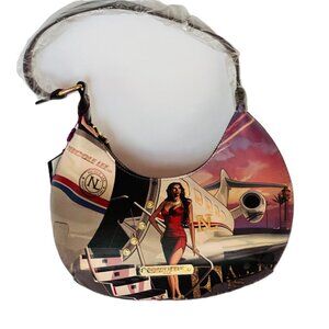 Nicole Lee USA Hobo Shoulder Bag with Glam Travel Graphic & Gold Accents